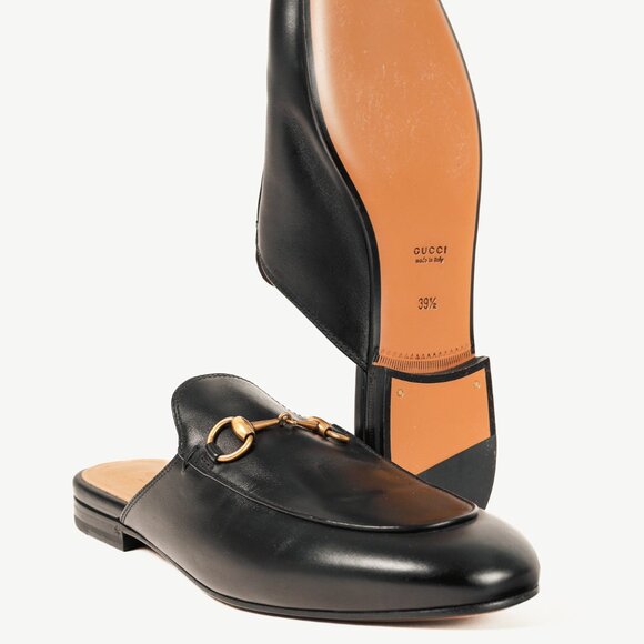 Gucci Princetown Gold Horsebit Black Leather Slipper Mule - Picture 4 of 10